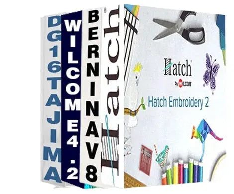 Wilcom E4.2, Hatch 2, Bernina V8, and Tajima DG16 embroidery software — professional digitizing tools for Windows.