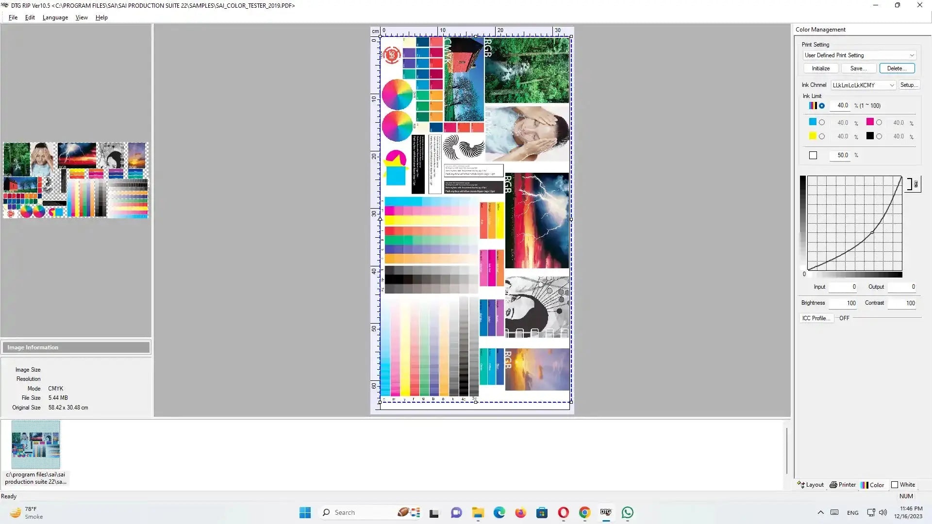 Screenshot of the ACRORIP 10.5 interface showing color management tools, white ink controls, and print layout options for DTF and DTG printing.