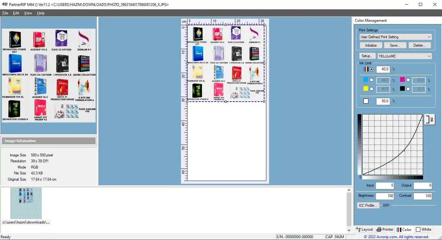 Acrorip v11.2 software interface showing DTF and DTG color controls