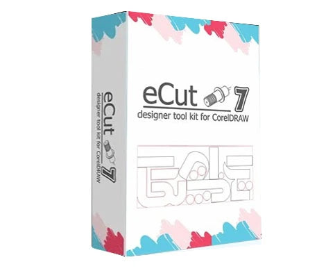 ECut 7.4 plugin interface inside CorelDRAW showing contour cutting, nesting tools, and production layout features
