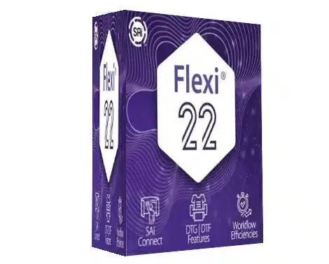 FlexiSIGN 22 software interface — professional sign-making and print-cut design software with advanced color and cutting tools.